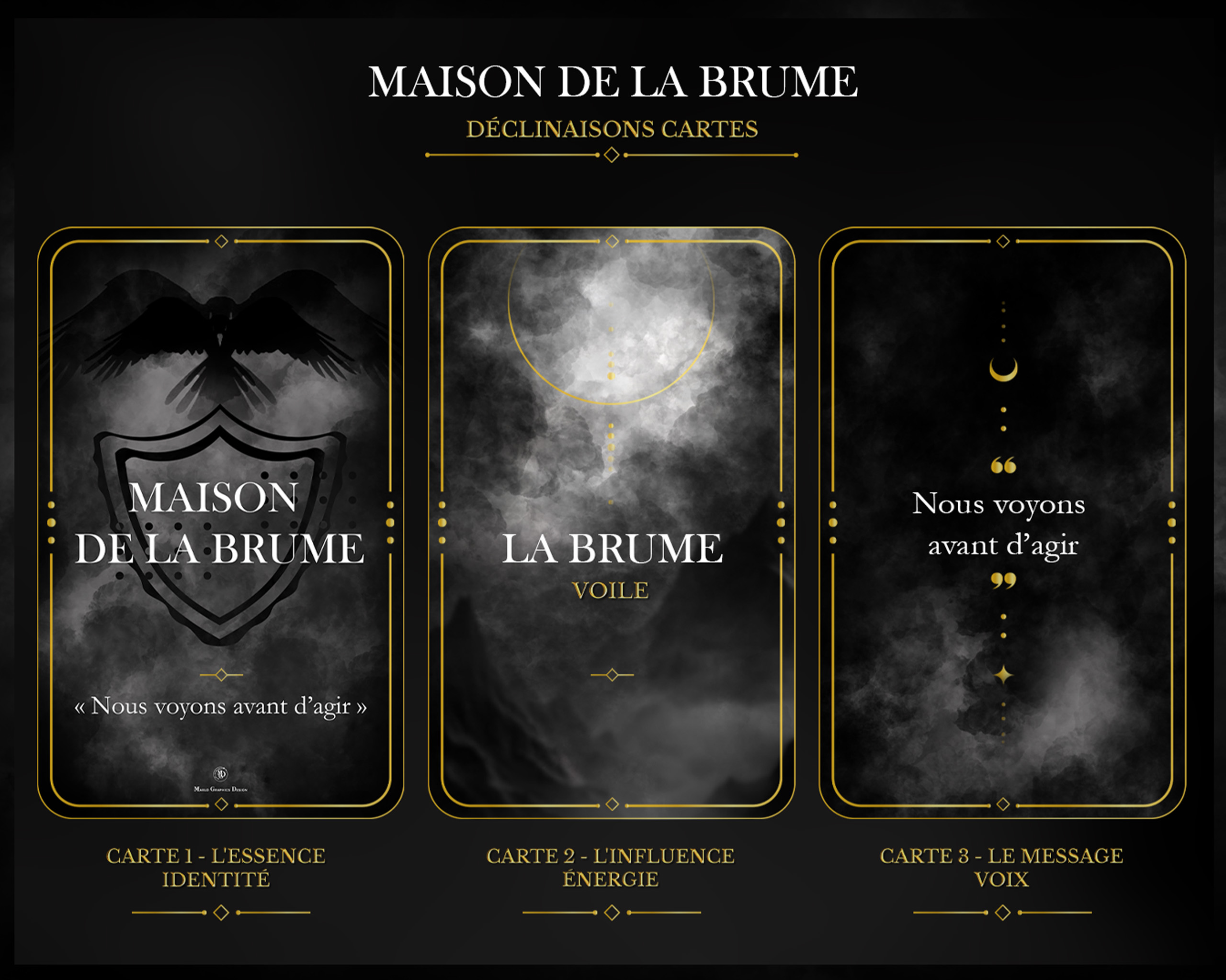 Planche présentant trois cartes de la Maison de la Brume dans un univers sombre et mystique, avec textures de fumée noire et détails dorés. La première carte montre un corbeau au-dessus d’un blason avec le texte « Maison de la Brume ». La seconde représente une brume dense et abstraite intitulée « La Brume – Voile ». La troisième affiche la citation « Nous voyons avant d’agir » accompagnée de symboles célestes minimalistes.