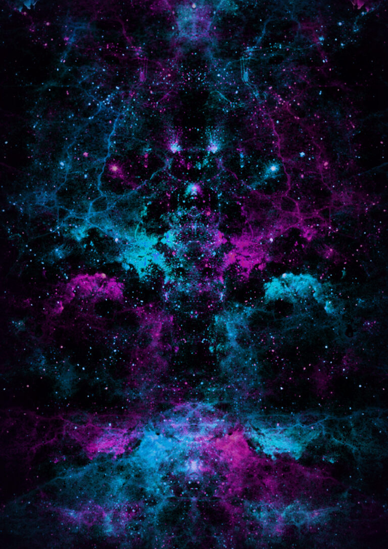 Composition cosmique en tons magenta-bleu turquoise, parsemée d’un discret effet de paillettes évoquant un ciel étoilé.