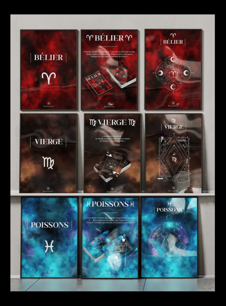 Présentation de triptyques d’affiches astrologiques pour les signes du Bélier, de la Vierge et des Poissons, intégrant symboles du zodiaque, compositions typographiques, textes explicatifs, mockups de cartes et visuels immersifs aux univers rouge, brun et bleu.