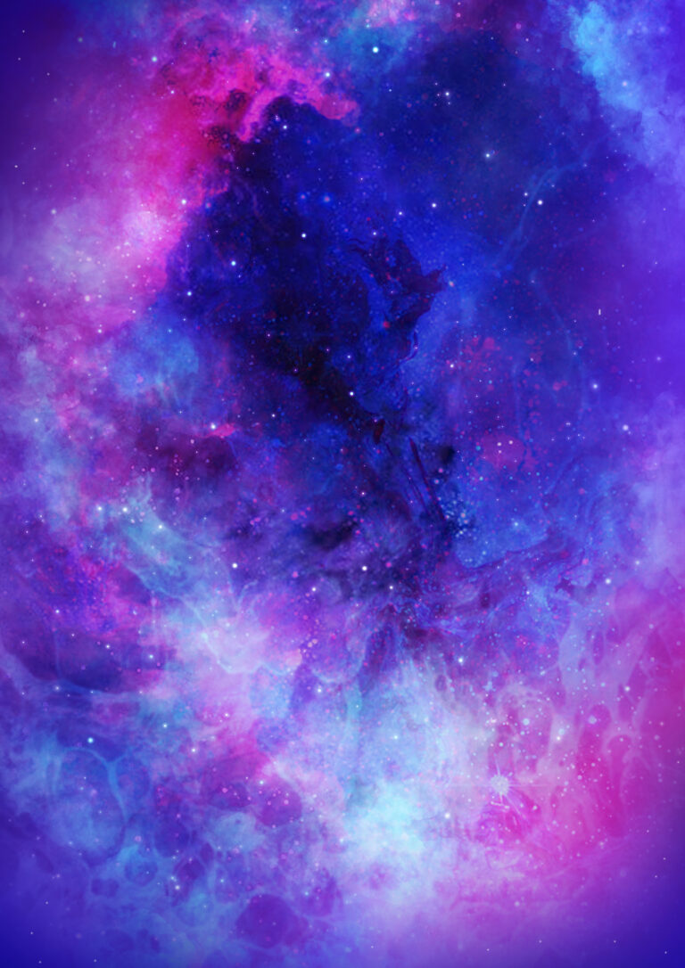 Illustration abstraite représentant l'univers cosmique avec des nuances de bleu foncé, turquoise, violet et magenta. Des petits points blancs viennent s'ajouter comme des étoiles.