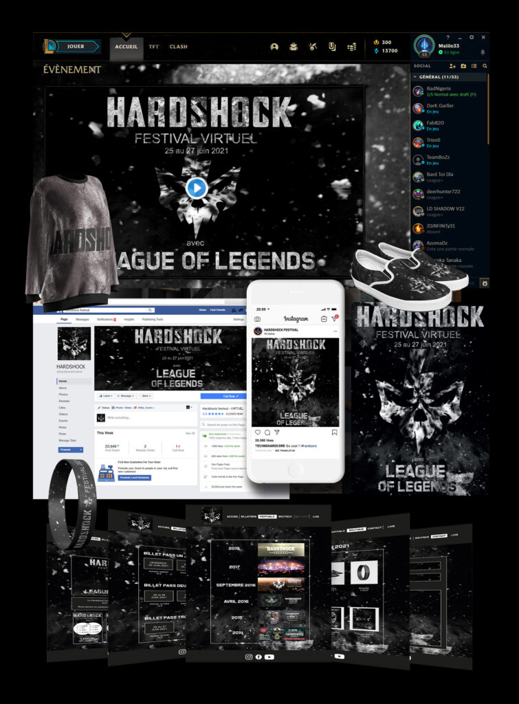 Présentation d’une identité visuelle fictive pour un festival virtuel nommé « Hardshock Festival » inspiré de l’univers de League of Legends. Le visuel rassemble des déclinaisons graphiques sur interface de jeu, réseaux sociaux, site web, affiches et merchandising dans une esthétique sombre, texturée et immersive aux influences gaming et esport.