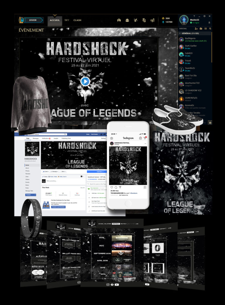 Présentation d’une identité visuelle fictive pour un festival virtuel nommé « Hardshock Festival » inspiré de l’univers de League of Legends. Le visuel rassemble des déclinaisons graphiques sur interface de jeu, réseaux sociaux, site web, affiches et merchandising dans une esthétique sombre, texturée et immersive aux influences gaming et esport.