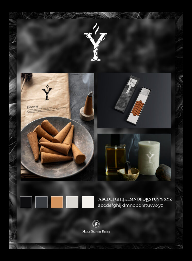 Présentation d’une identité visuelle minimaliste pour une marque fictive d’encens nommée « Yurei ». Le visuel rassemble un logo blanc inspiré de la fumée, des mockups d’encens, de packaging et de bougie dans une ambiance sombre et contemplative. Une palette de couleurs neutres et chaudes accompagne la direction artistique aux influences japonaises et spirituelles.