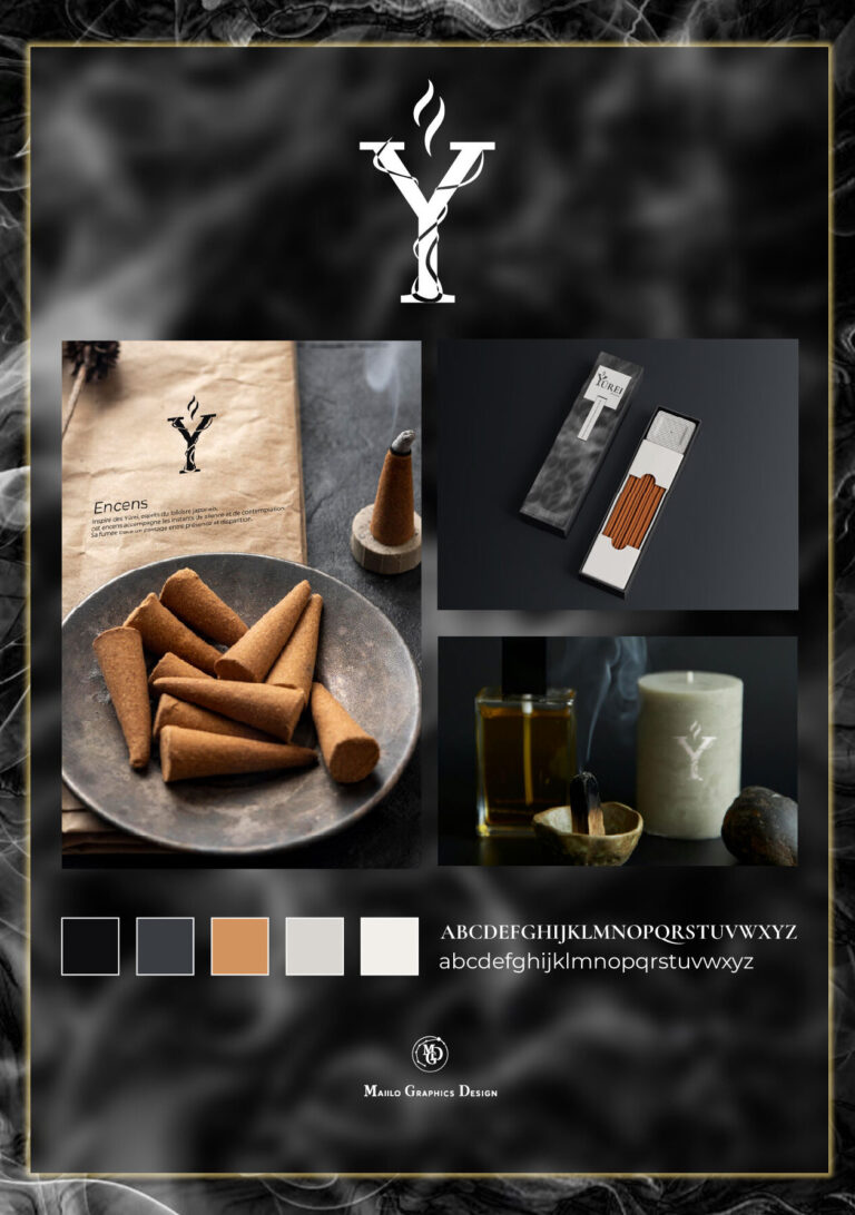 Présentation d’une identité visuelle minimaliste pour une marque fictive d’encens nommée « Yurei ». Le visuel rassemble un logo blanc inspiré de la fumée, des mockups d’encens, de packaging et de bougie dans une ambiance sombre et contemplative. Une palette de couleurs neutres et chaudes accompagne la direction artistique aux influences japonaises et spirituelles.