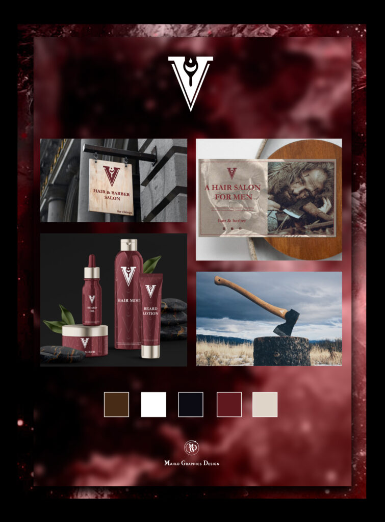 Planche de direction artistique dominée par des tons rouge bordeaux et noirs pour une identité visuelle de salon de coiffure masculin, comprenant logo, inspirations visuelles, produits, palette de couleurs et supports de communication.