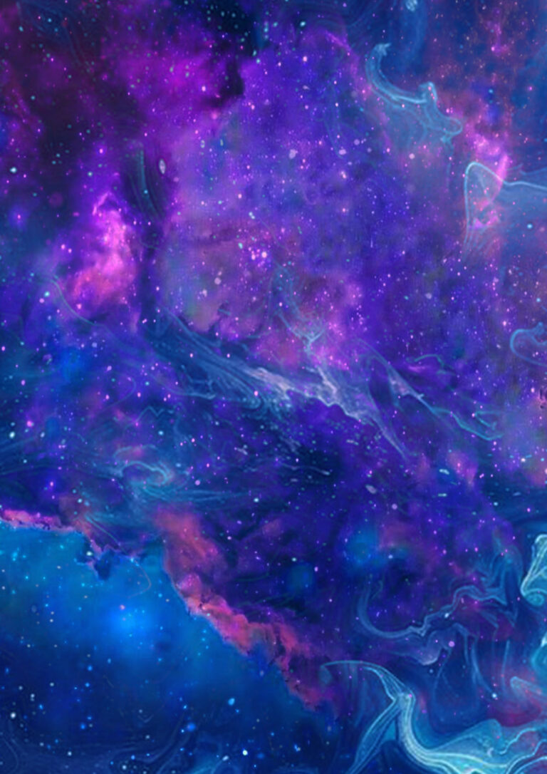 Illustration abstraite d’une nébuleuse cosmique aux nuances violettes, bleues et roses, traversée de textures fluides et d’étoiles lumineuses.