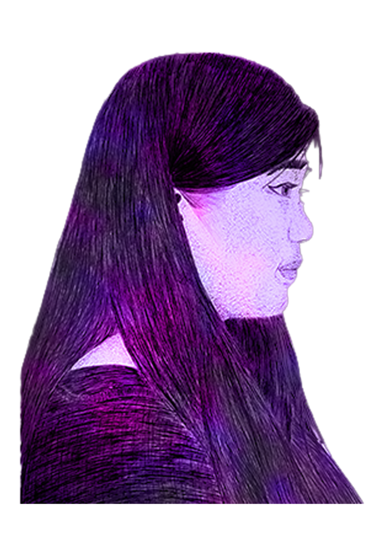 Portrait au stylo bic avec des reflets magenta et violet, d'une femme de profil