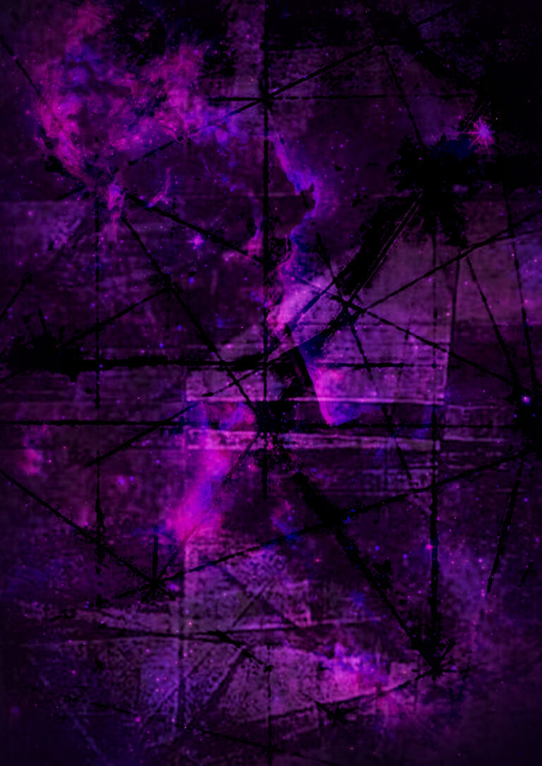 Composition visuelle expérimentale mêlant dégradés violet-noir et traits graphiques noirs inspirés de formes structurelles, avec une texture d'univers cosmique